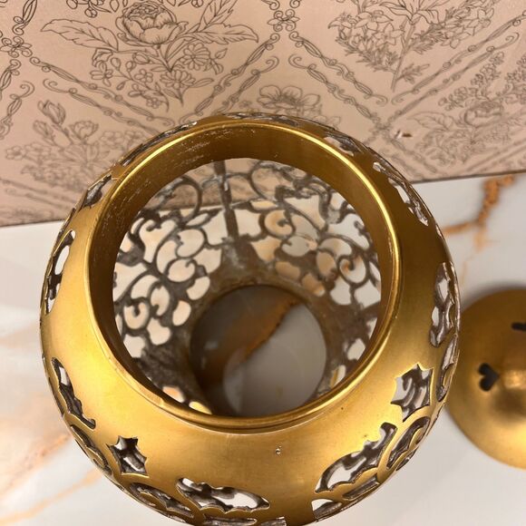 Luminary Alter Temple Jar Filigree Pattern Lid Open Bottom 13 in Metal Decor - Picture 10 of 11